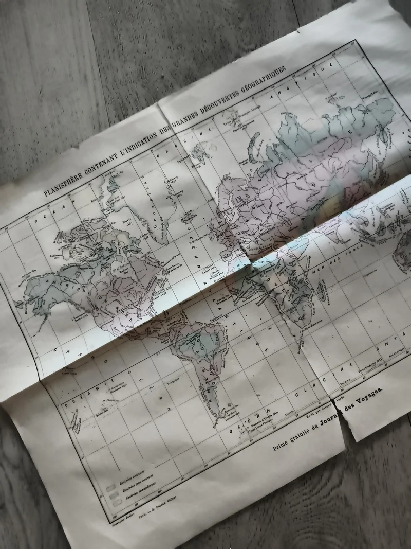 Carte ancienne grandes découvertes géographiques planisphère couleurs imprimée F