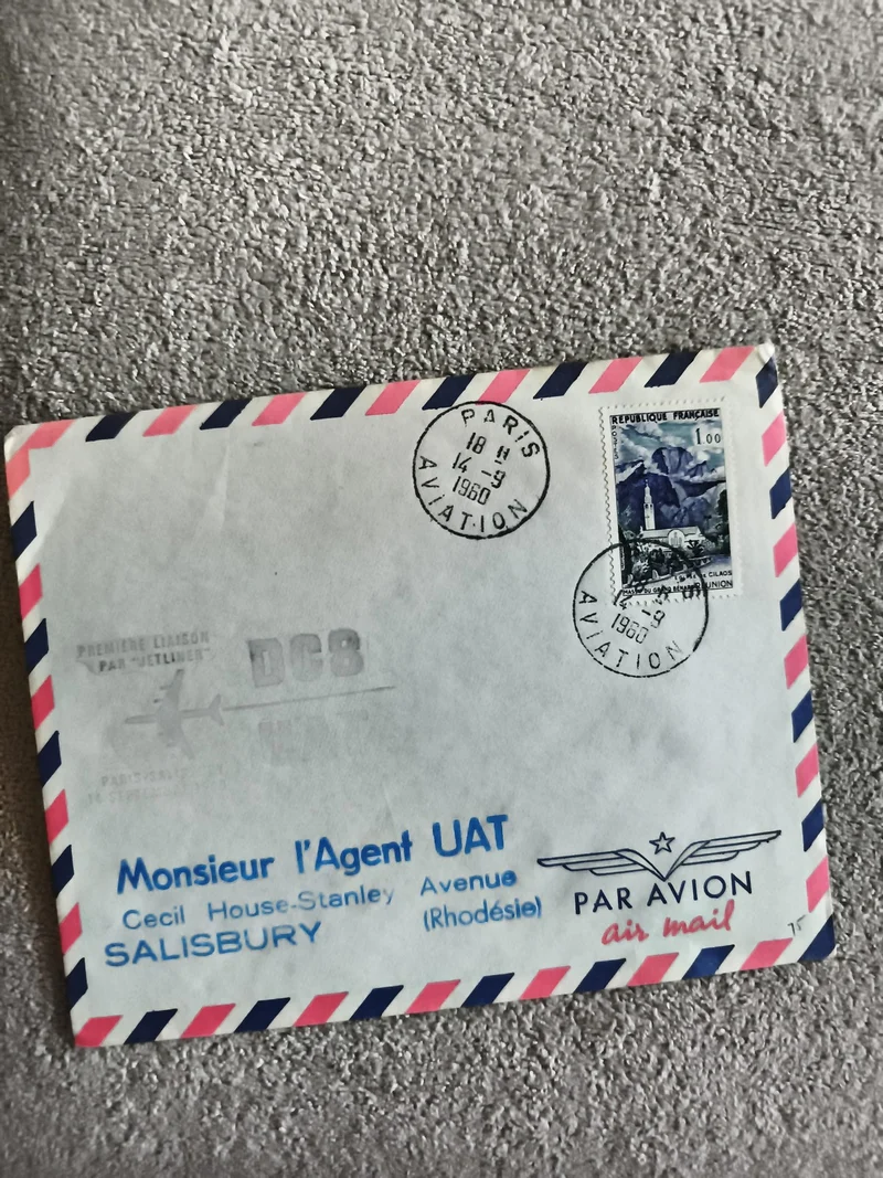 Lettre premier vol DC8 UAT 1960 Paris Aviation affranchie Rhodésie philatélie