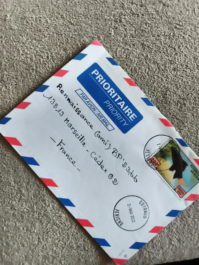 Lettre affranchie Bénin 200f 2003, enveloppe avion timbre poisson, cachet Jerich