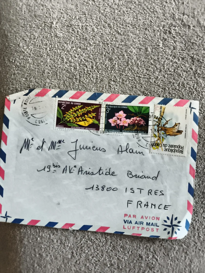 Lettre affranchie Congo timbres fleurs oiseaux enveloppe Par Avion Philatélie