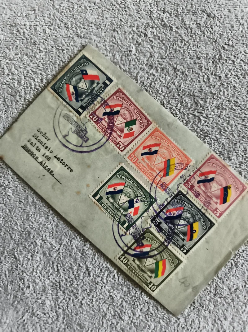 Lettre affranchie timbres Paraguay drapeaux, enveloppe philatélie, oblitérée