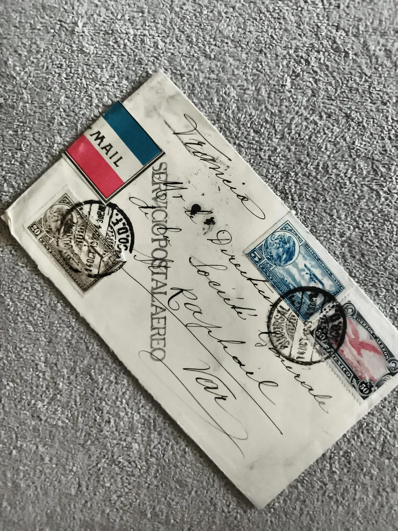 Lettre ancienne affranchie timbres USA cachet avion mail philatélie St-Raphaël