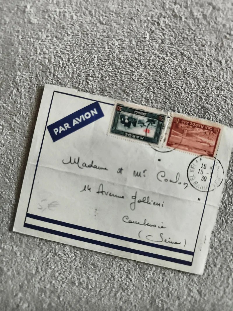 Lettre affranchie Maroc 1939, timbres poste, cachet postal, Par Avion, philatéli