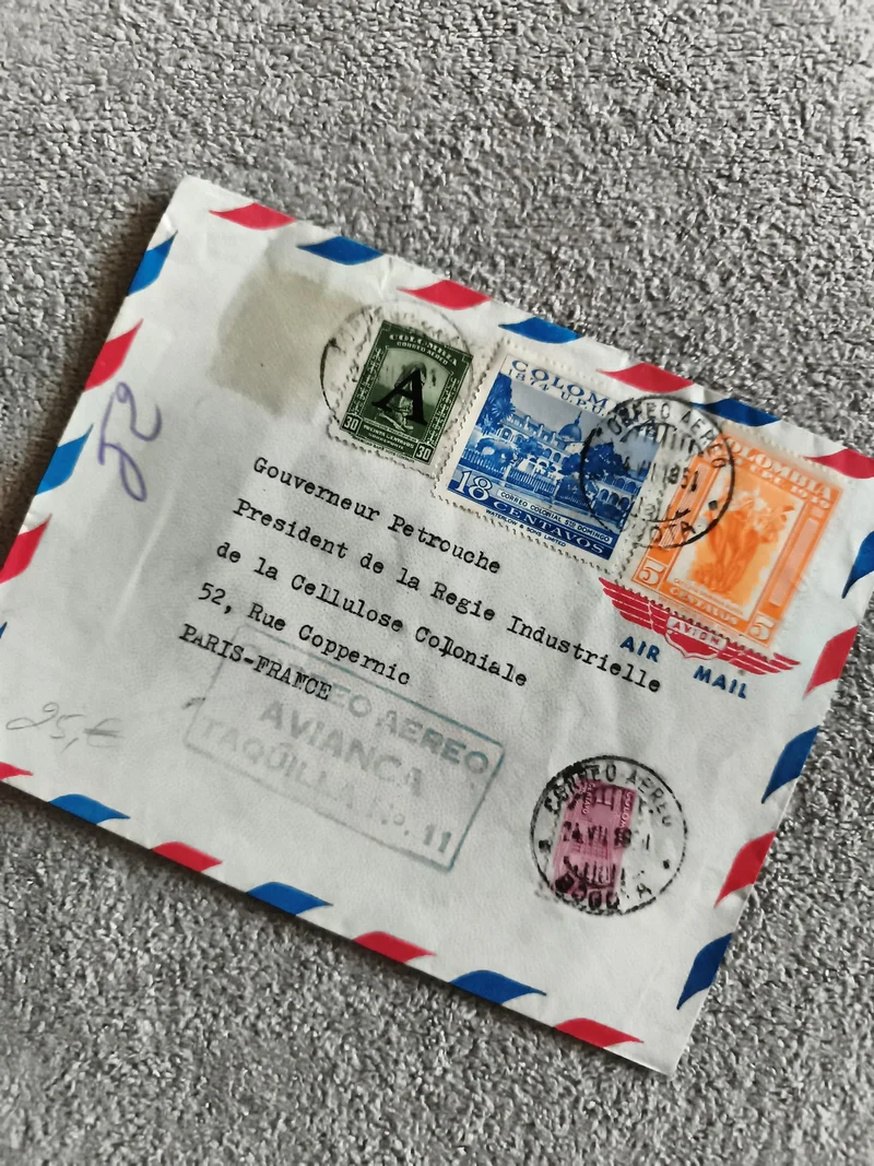 Lettre avion affranchie Colombie 4 timbres, oblitération 1951 philatélie