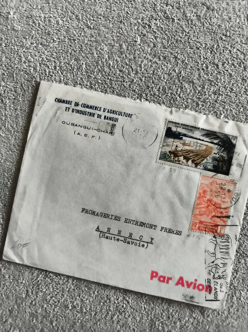 Lettre ancienne Bangui 1956 AEF timbres Par Avion Haute-Savoie philatélie