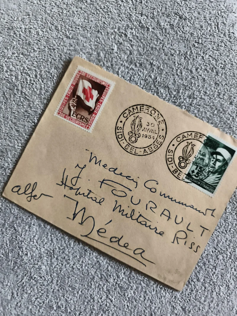 Lettre oblitérée Camerone 1954 Sidi-Bel-Abbès timbres Croix-Rouge Algérie
