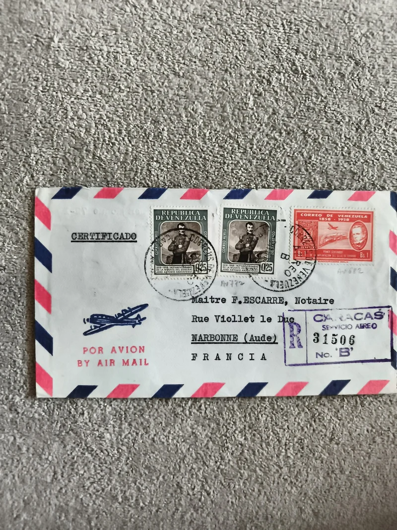 Lettre aérienne Venezuela 1958 timbres certifiée Narbonne France philatélie
