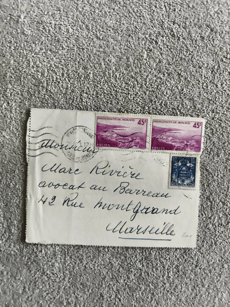 Lettre affranchie Principauté Monaco 2x45c 10c timbres poste philatélie Marseill