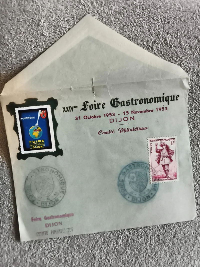 Lettre commémorative Foire Gastronomique Dijon 1953 philatélie timbre Gargantua