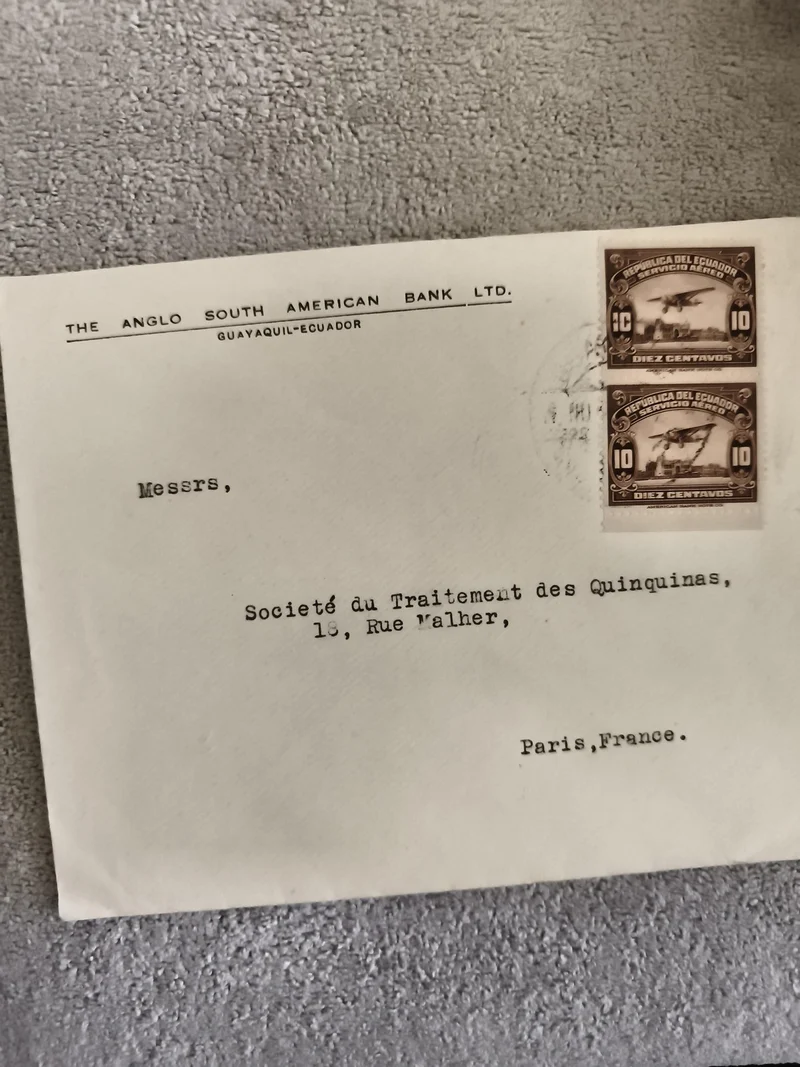 Lettre affranchie Équateur x2 timbres 10c Anglo South American Bank Paris philat
