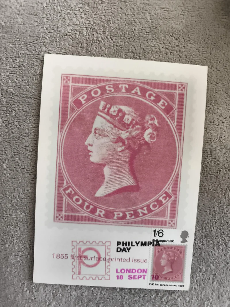 Timbre commémoratif Philatélie Philympia 1970 Londres 1855 four pence rose