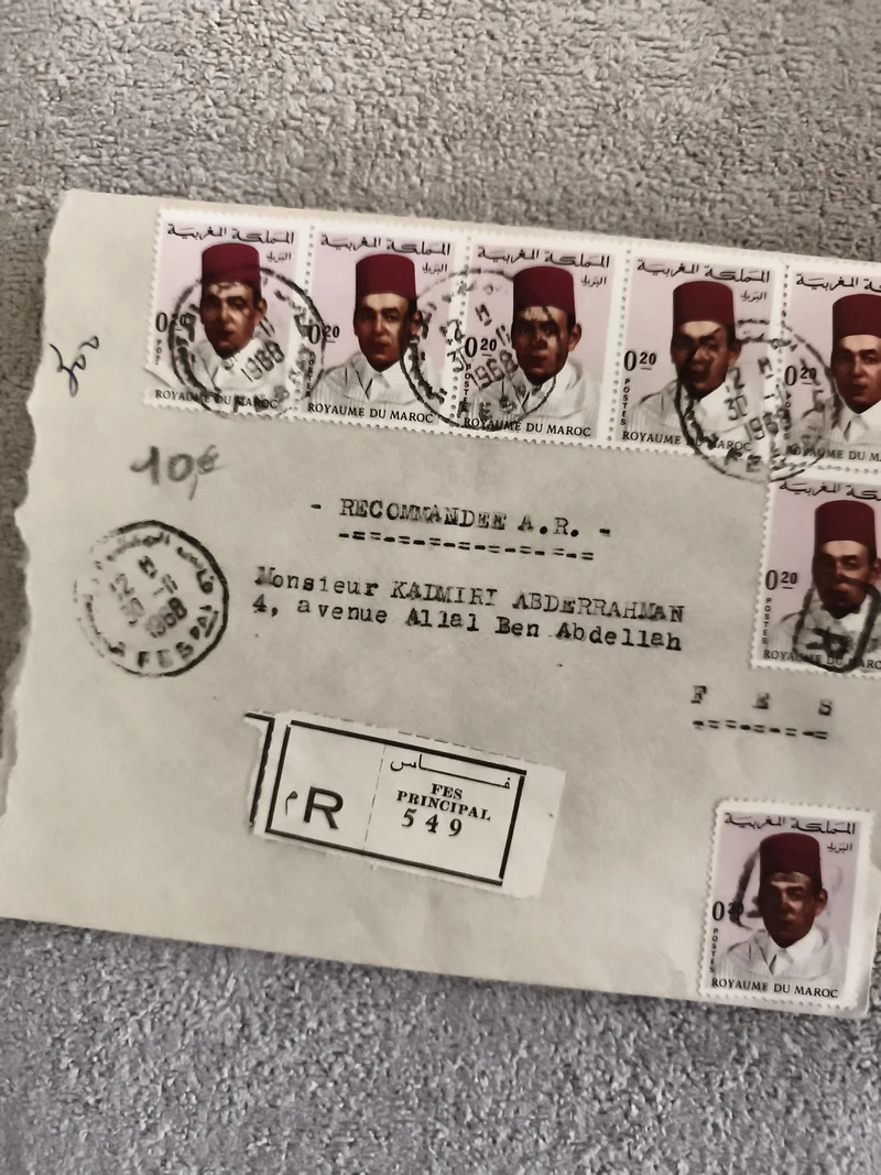 Lettre recommandée Maroc Fès timbres Roi Hassan II philatélie cachet 1958