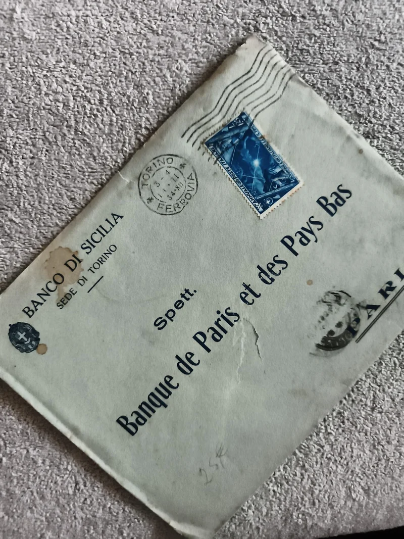 Lettre ancienne Banco di Sicilia timbre Italie bleu, oblitération Torino philaté