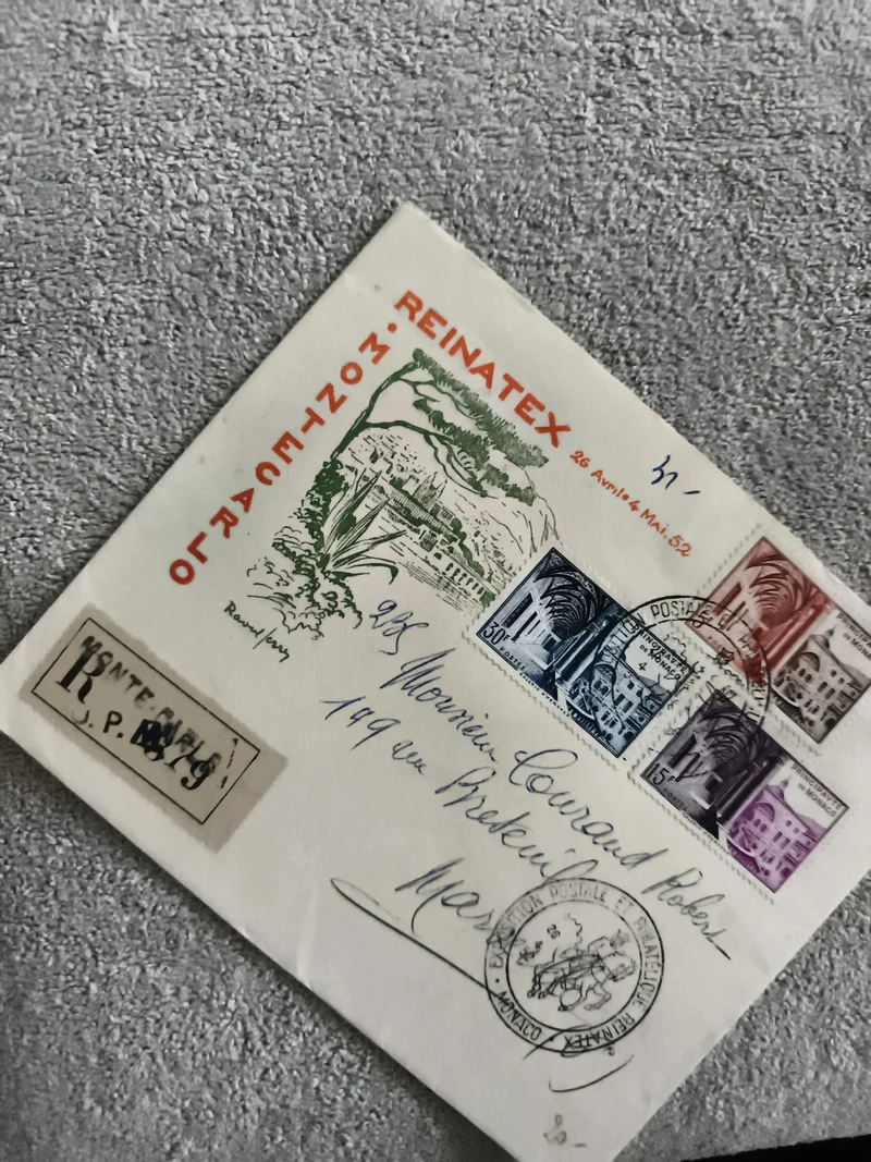 Lettre philatélique Monaco Reinatex 1952 affranchissement Expo timbres