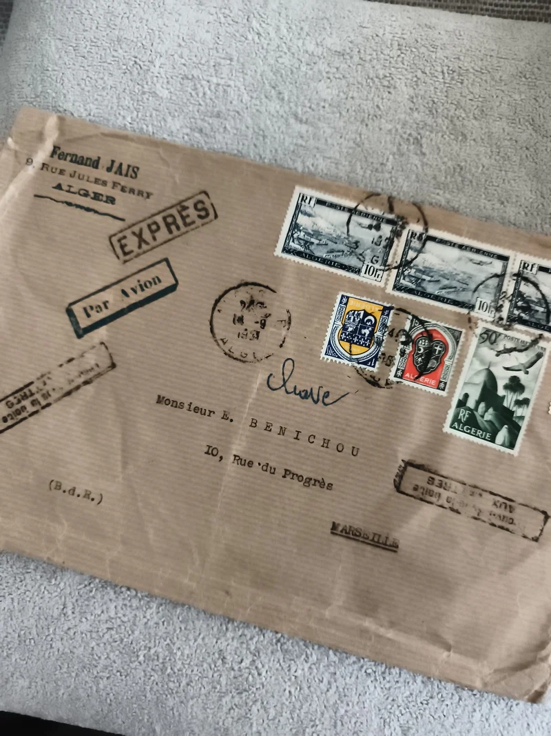 Lettre affranchie Algérie 1938 Express Par Avion, 5 timbres RF, cachets Marseill