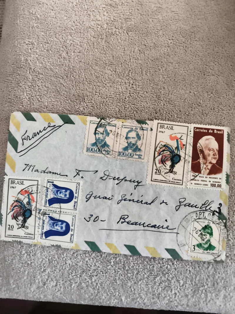 Lettre affranchie Brésil 1967 timbres multiples, enveloppe avion France philatél