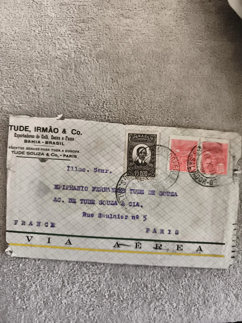 Lettre affranchie Brésil Paris 3 timbres cachetés Tude Irmão via aérienne philat