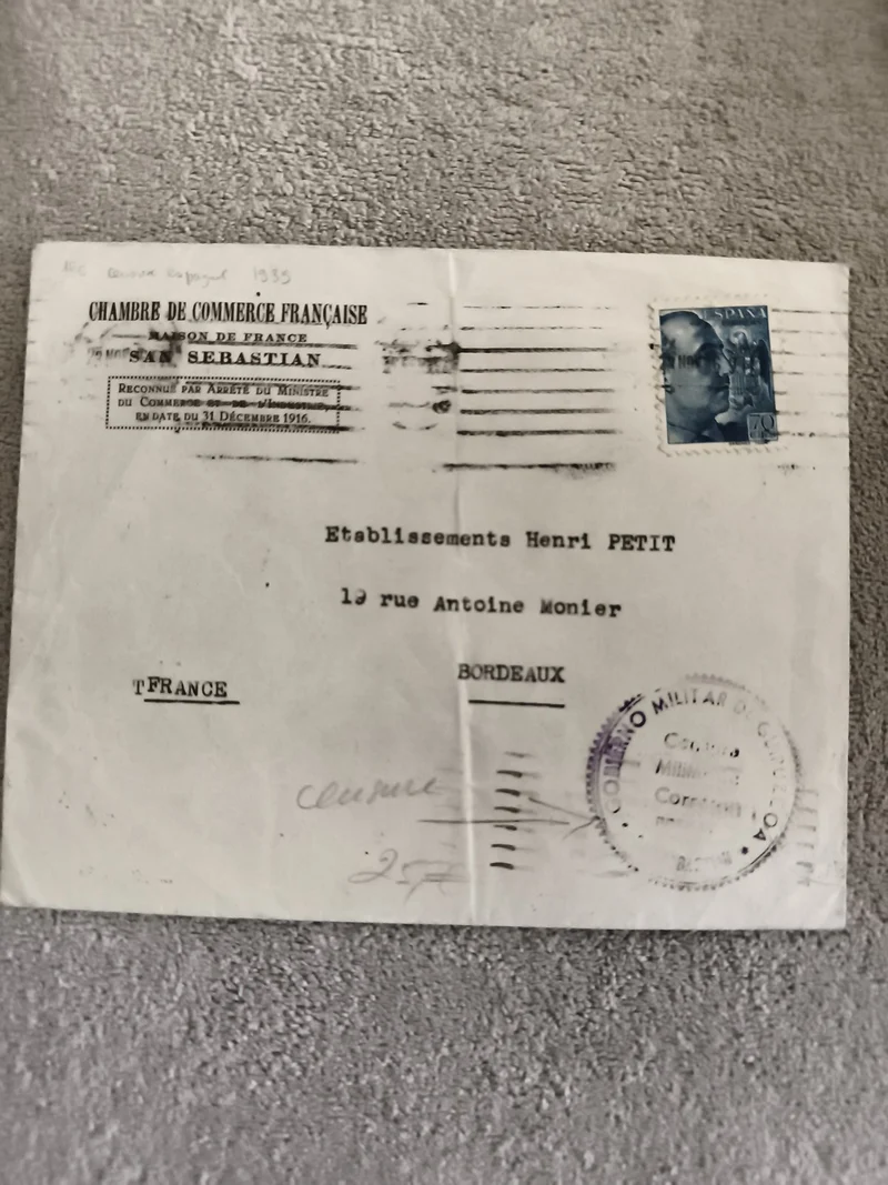 Lettre Chambre de Commerce Française San Sebastian 1935 timbre Espagne Bordeaux