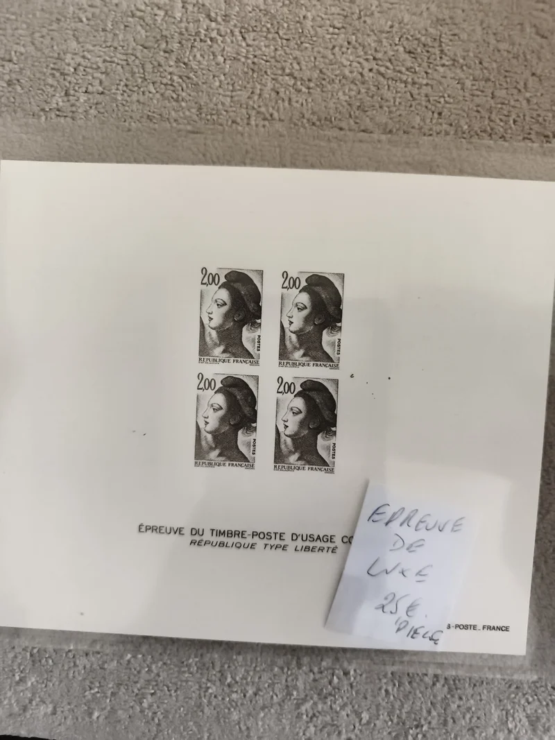 Épreuve de timbre-poste Liberté 2,00 F France, bloc de 4, philatélie luxe