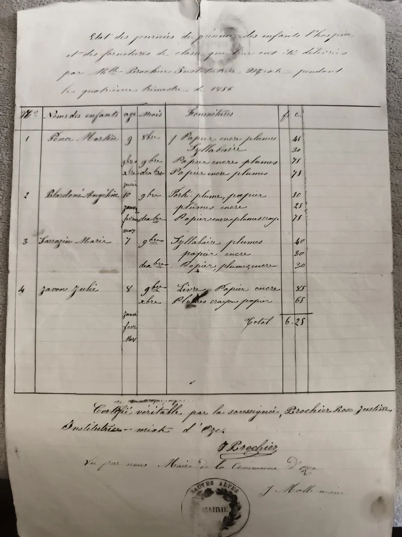 Document ancien manuscrit 1858 liste fournitures scolaires Oze Hautes-Alpes