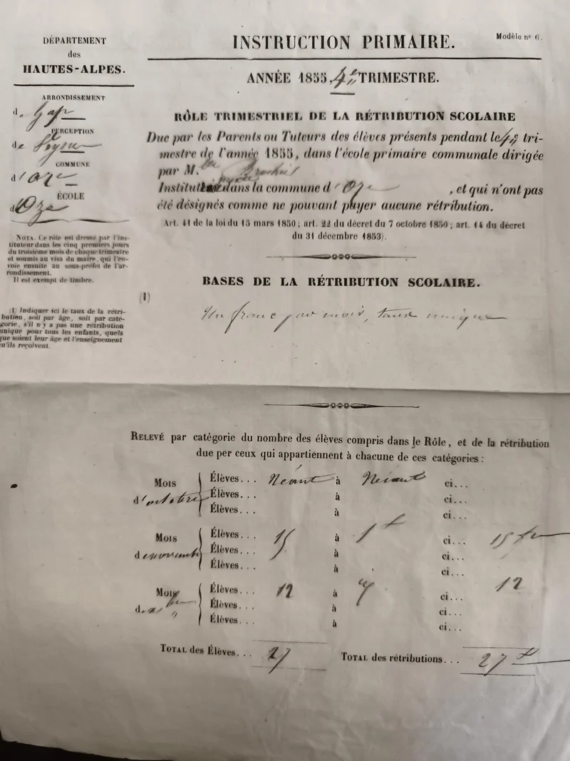 Document ancien 1855 Instruction primaire Hautes-Alpes rôle rétribution scolaire