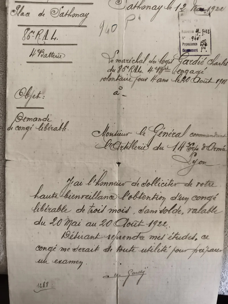 Document ancien militaire 1922 86e R.A.L. Sathonay manuscrit armée Lyon