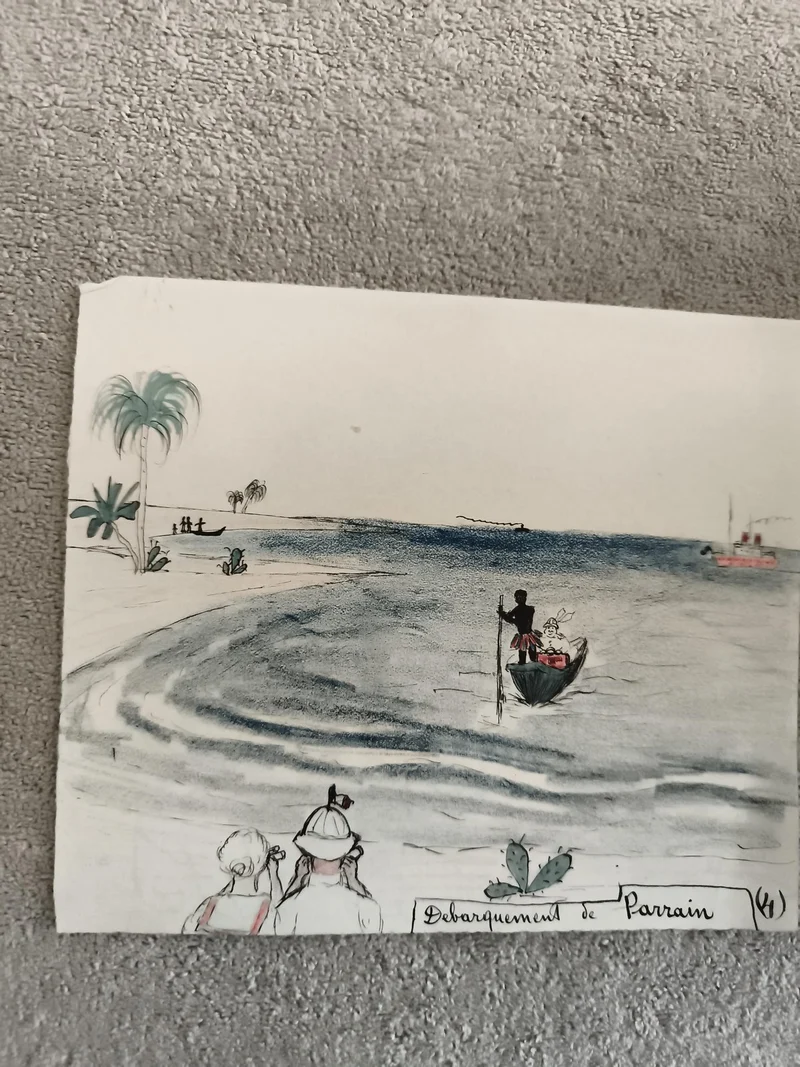 CPA illustrée débarquement de Parrain scène exotique dessin original