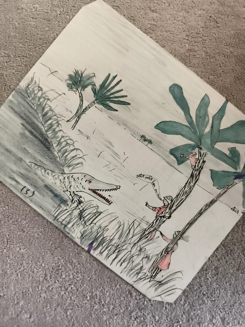 CPA illustrée crocodile rivière palmiers dessin humoristique aquarelle
