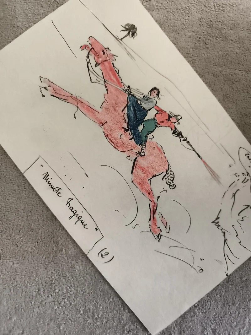 CPA dessin Minute Tragique cheval cavaliers encre aquarelle illustration