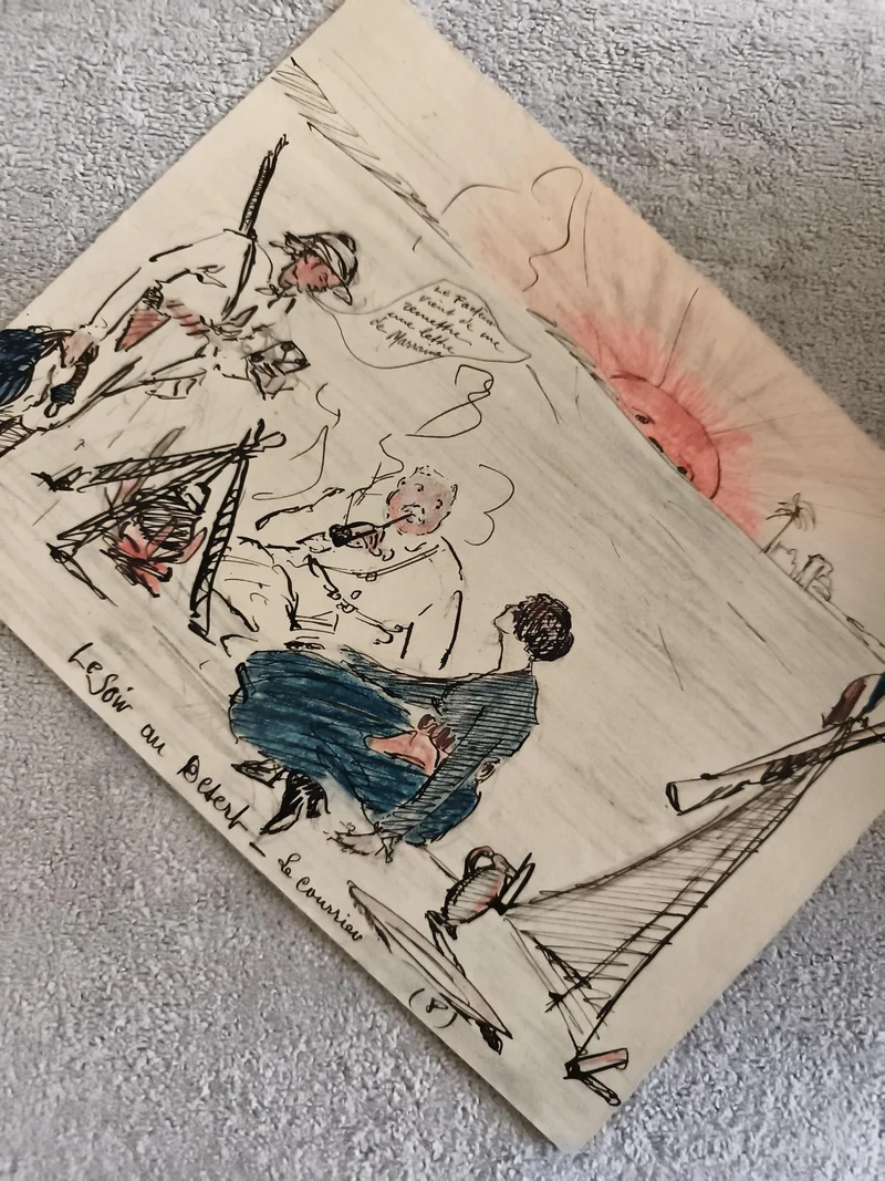 CPA illustrée Le soir au Désert scène campement dessin colorié