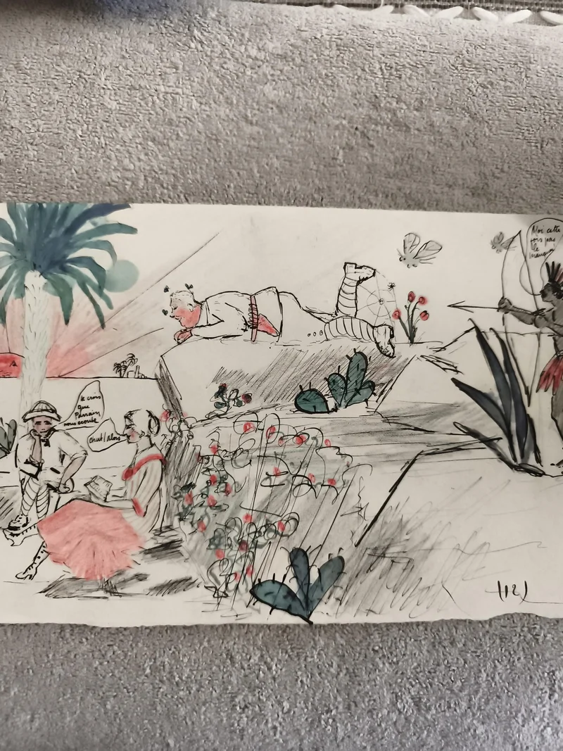 CPA illustrée humoristique scène coloniale aquarelle encre dialogue