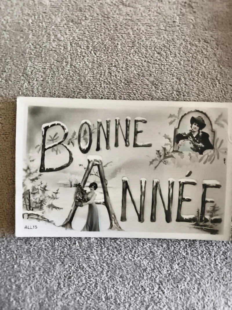 Carte postale Bonne Année illustrée hiver, photomontage femme, CPA Allys