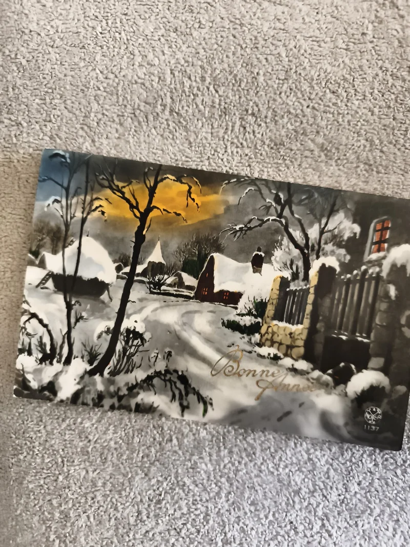 CPA Bonne Année paysage neige hiver illustré coucher de soleil