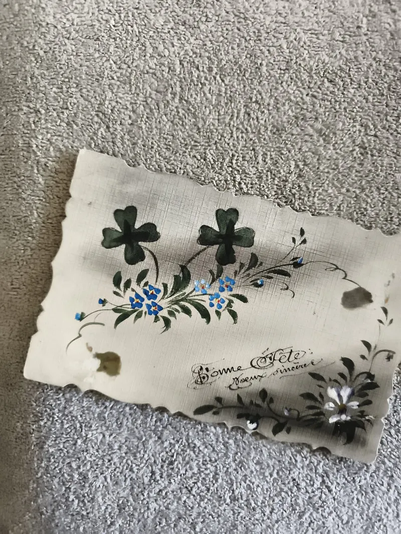 Carte postale ancienne fleurie Bonne Fête CPA motif trèfle et myosotis