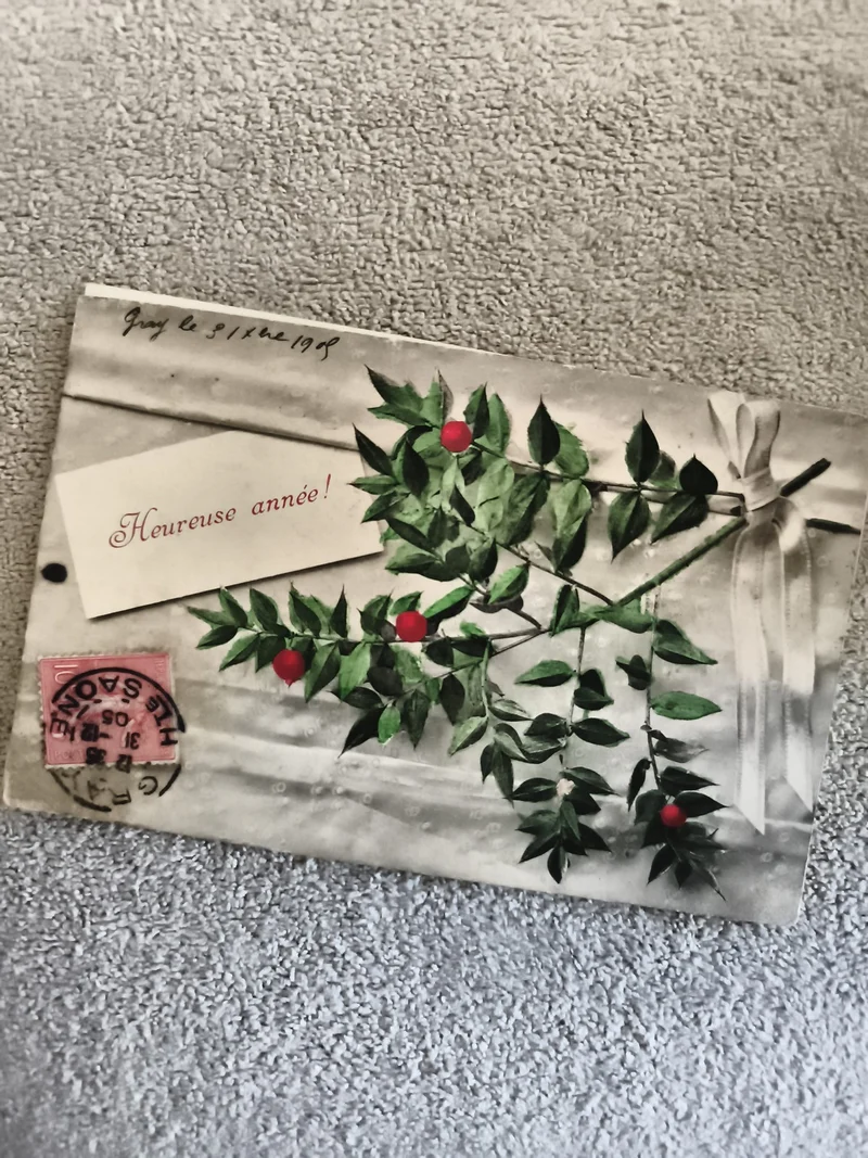 CPA ancienne Heureuse année gui 1908 timbre Les Sables carte postale