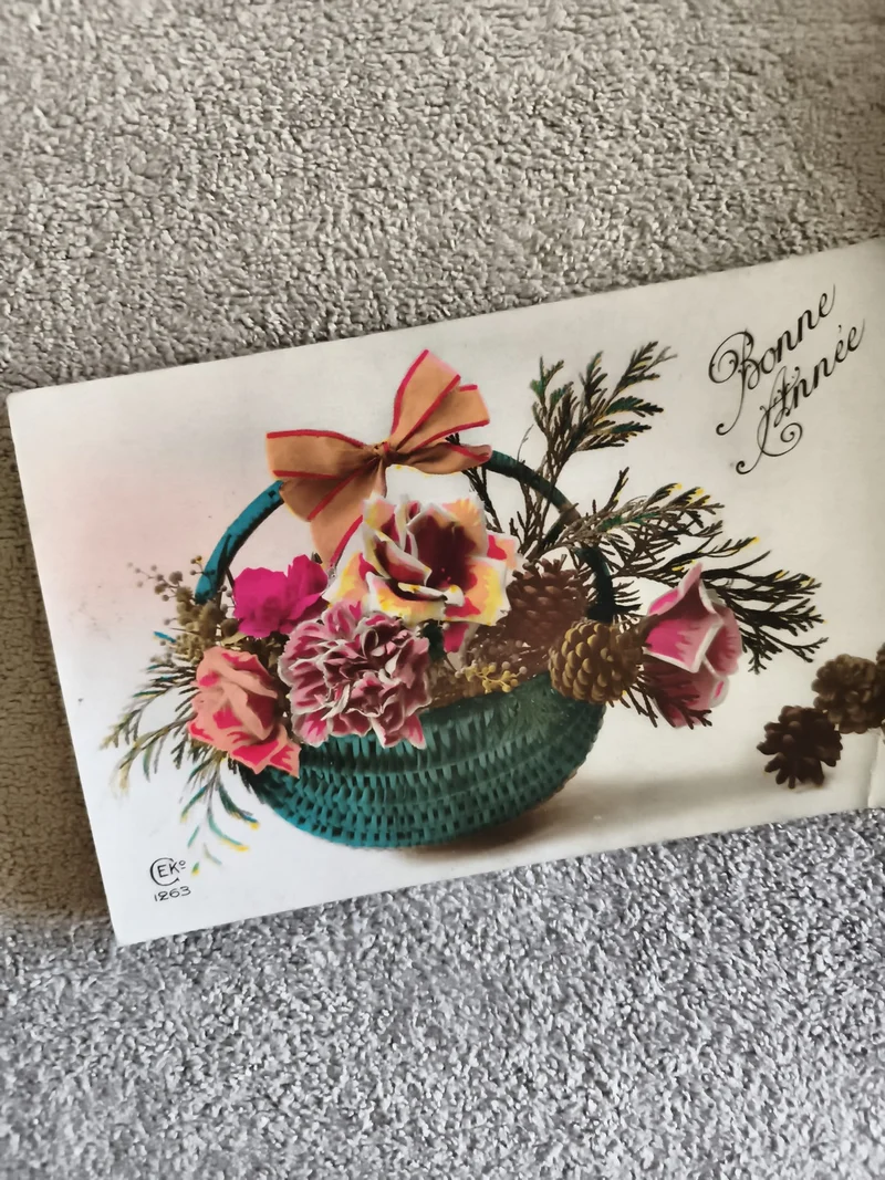 CPA Bonne Année panier fleurs ruban EK 1263 carte postale décor floral