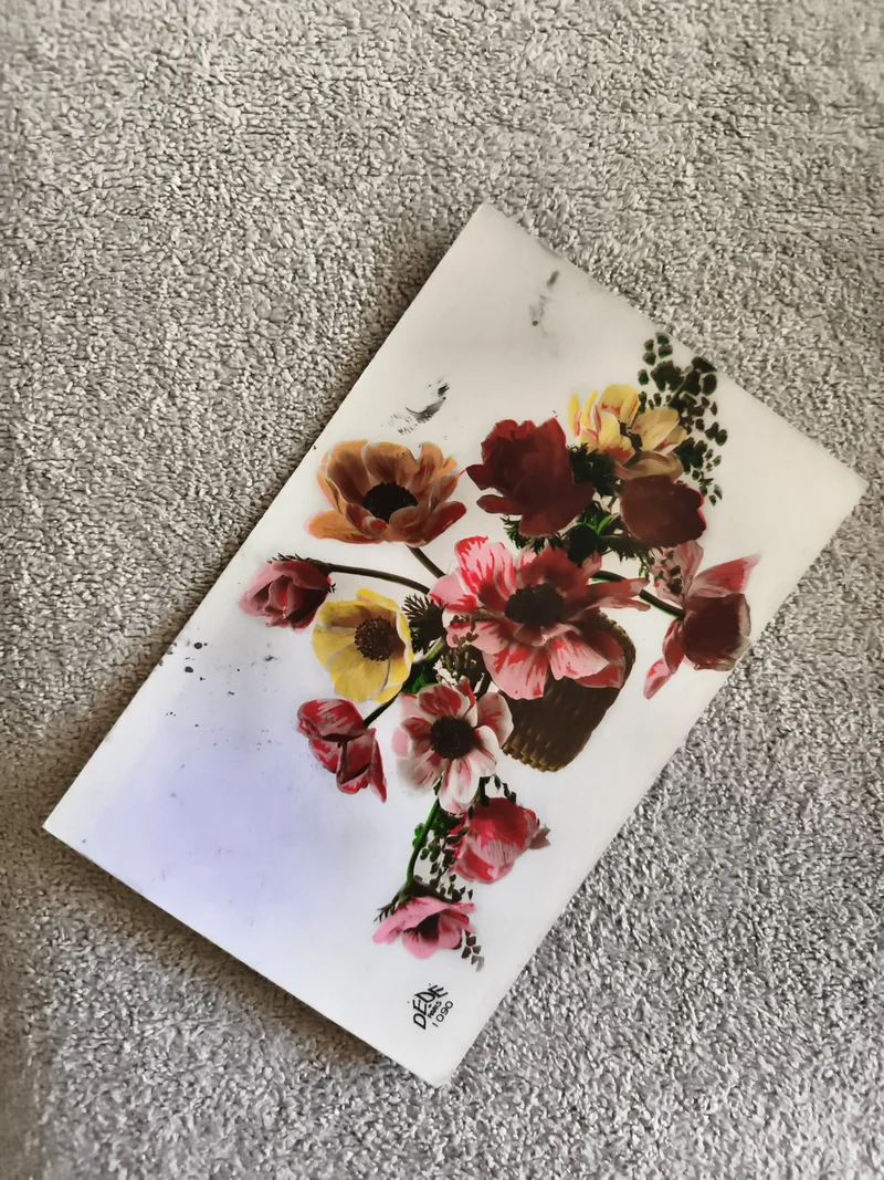 Carte postale illustrée fleurs panier, CPA, décor signé Défi 1960