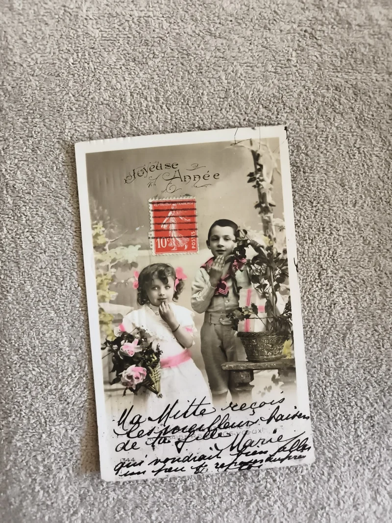 CPA Joyeuse Année enfants fleurs timbre rouge France début XXe