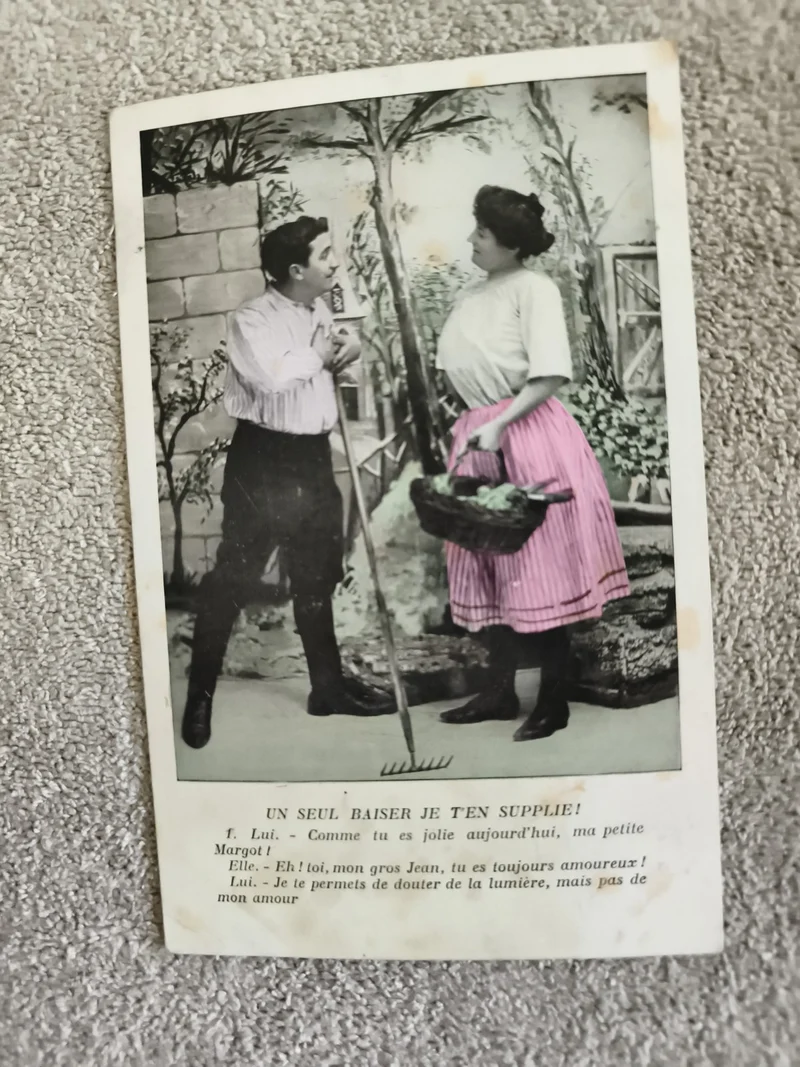 CPA illustrée scène champêtre humour début XXe, dialogue imprimé