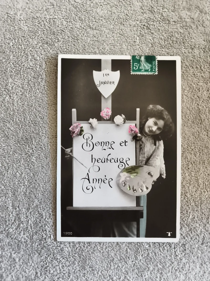 Carte postale illustrée Bonne Année 1er Janvier CPA noir et blanc timbre 5c