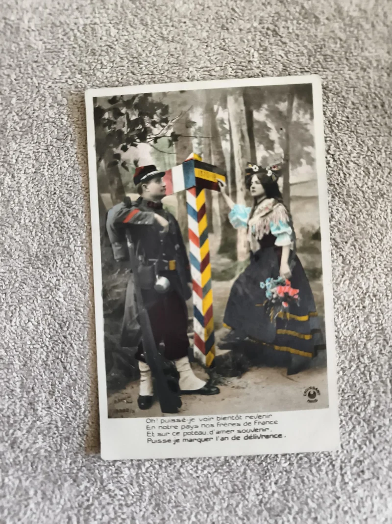 CPA patriotique soldat frontière Alsace Lorraine colorisée début XXe