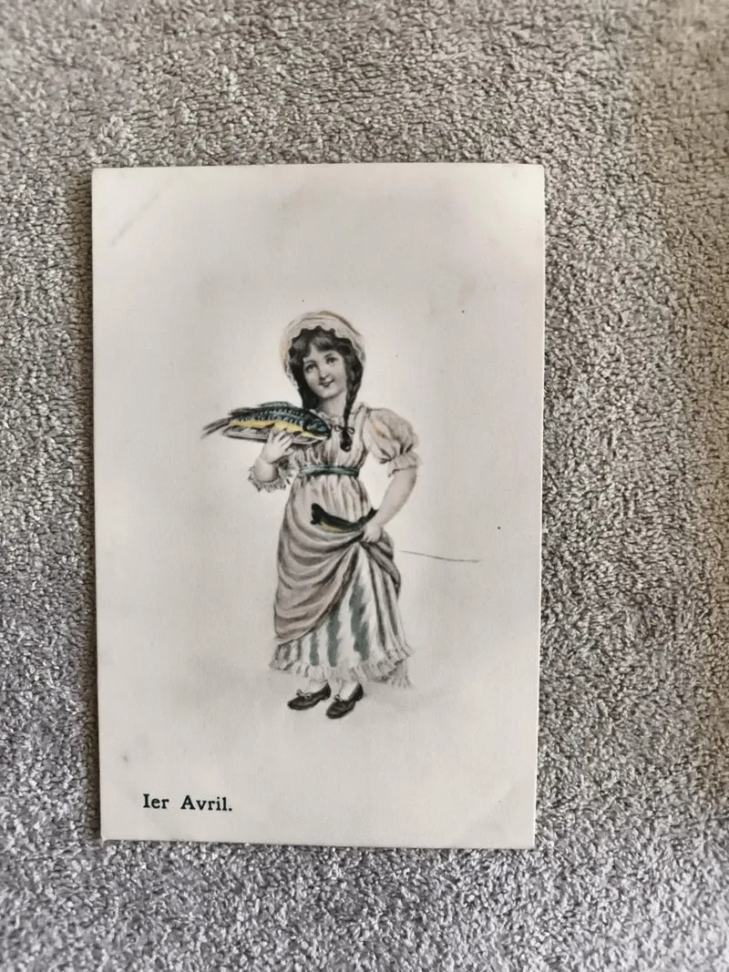 Carte postale illustrée 1er Avril fillette poisson humour CPA ancienne