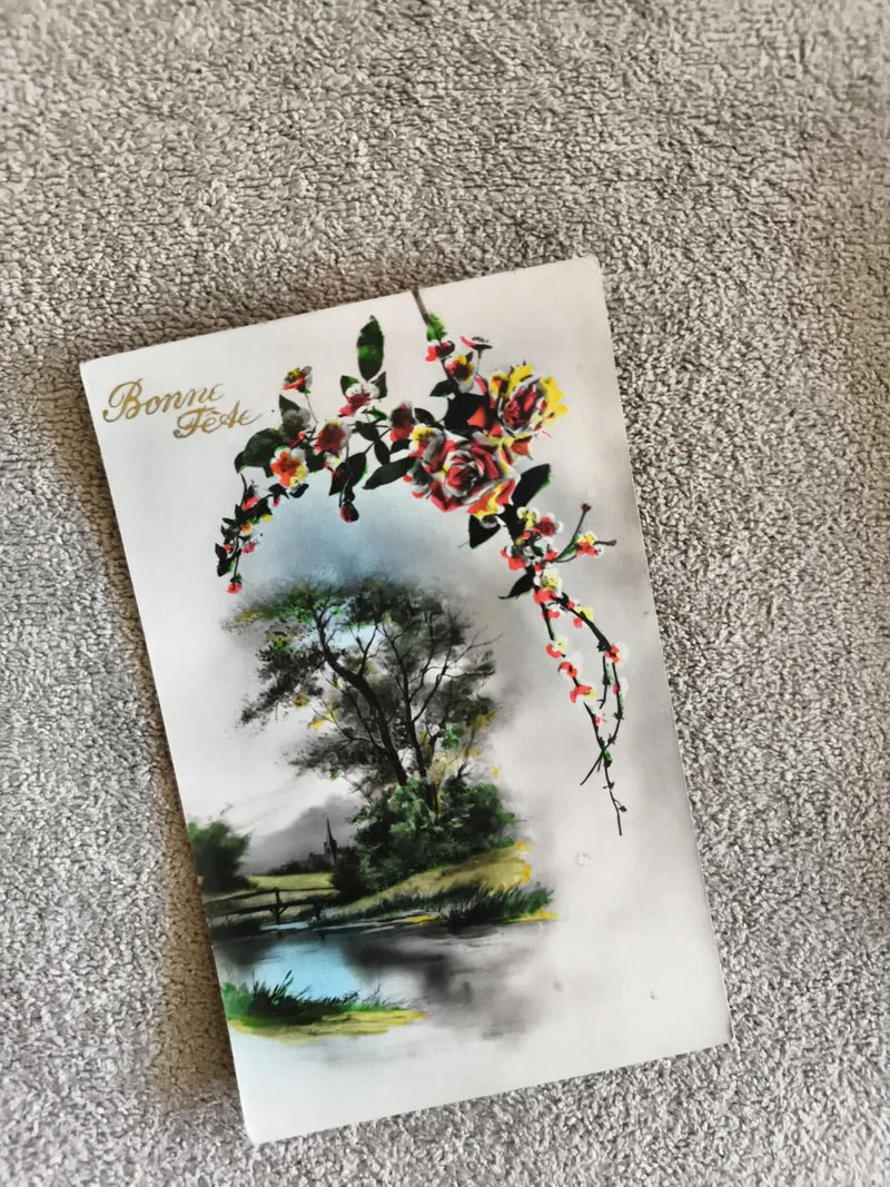 Carte postale illustrée Bonne Fête paysage fleurs CPA