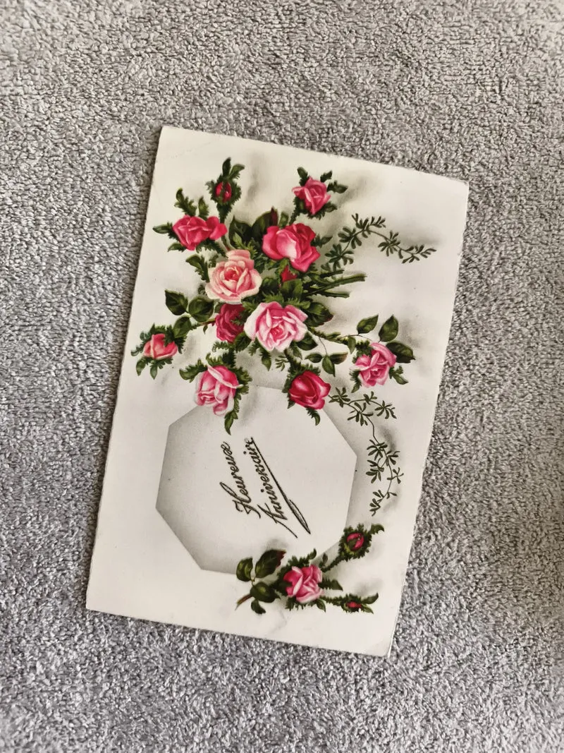 CPA carte postale illustrée fleurs roses anniversaire