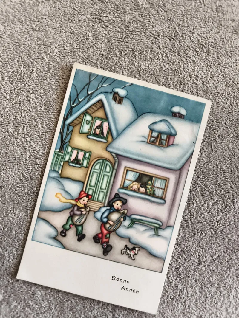CPA Bonne Année illustrée hiver enfants instruments neige
