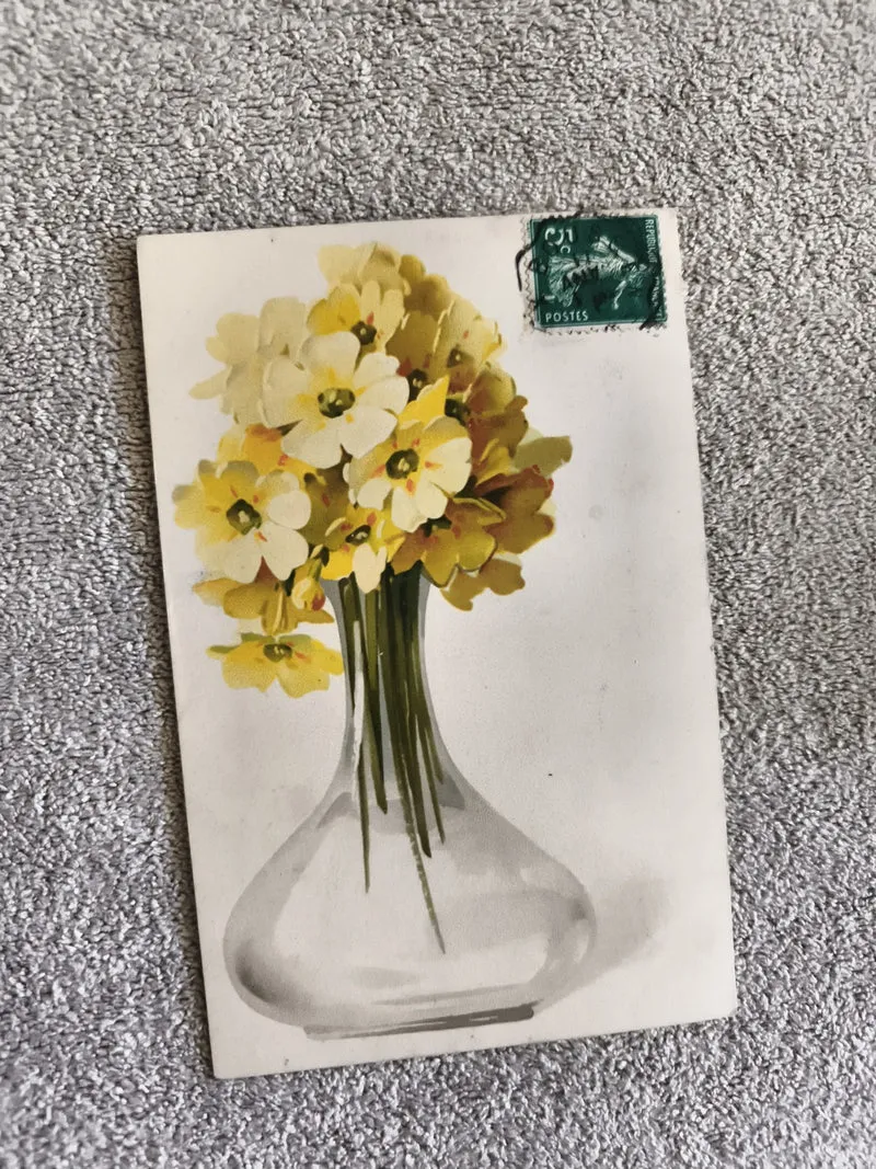 Carte postale fleurie CPA bouquet primevères timbre France