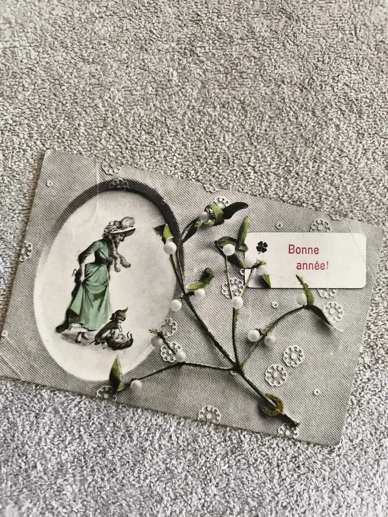 Carte postale ancienne Bonne année CPA relief gui illustration 1900s