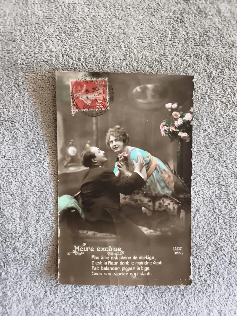 CPA photo romantique colorisée Heure Exquise timbre rouge France années 1910