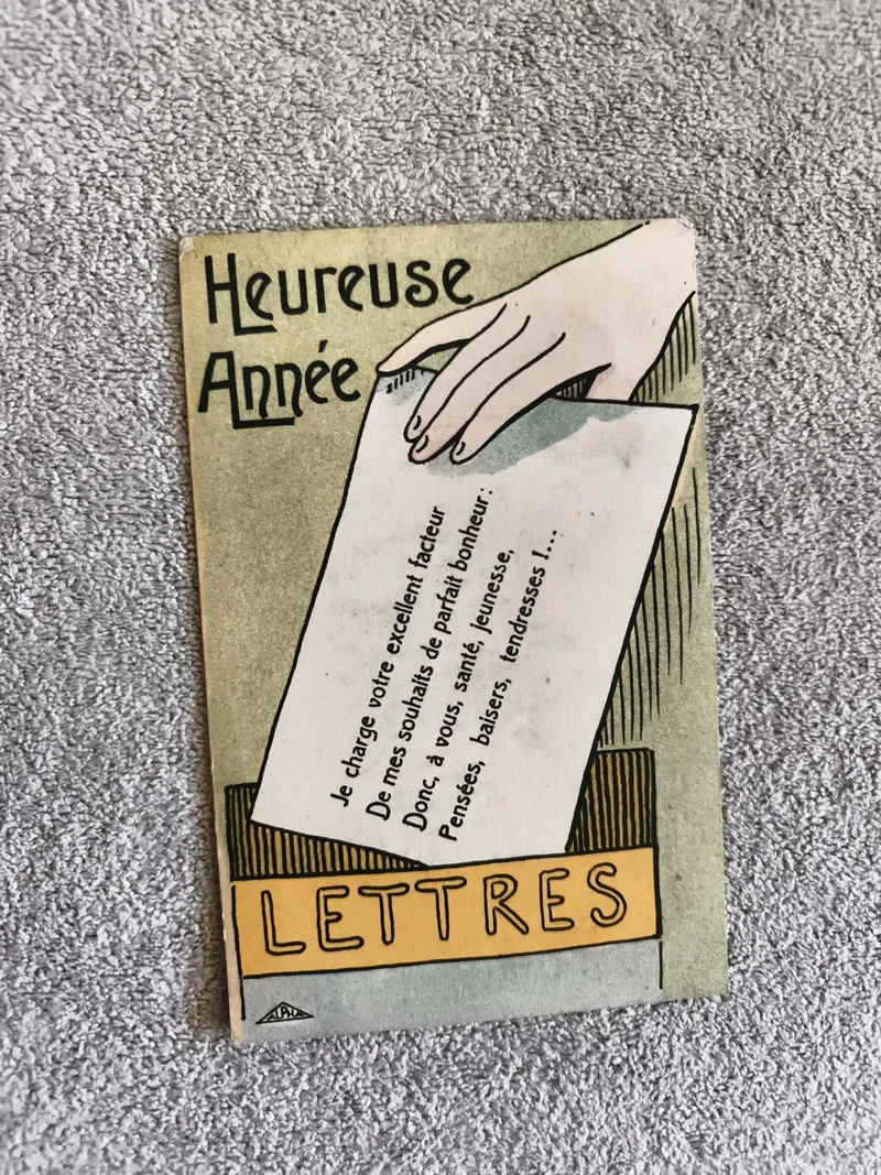 Carte postale illustrée Heureuse Année art déco CPA lettres vœux