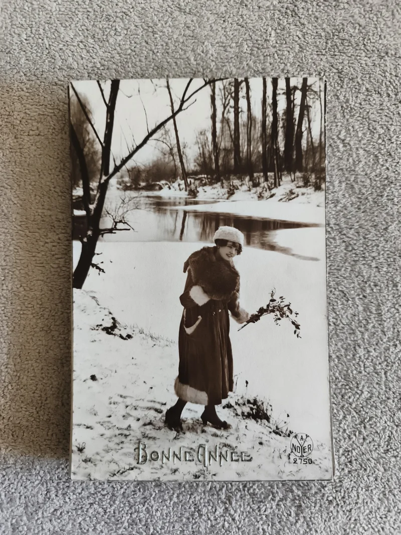 CPA Bonne Année hiver femme élégante neige rivière photo ancienne